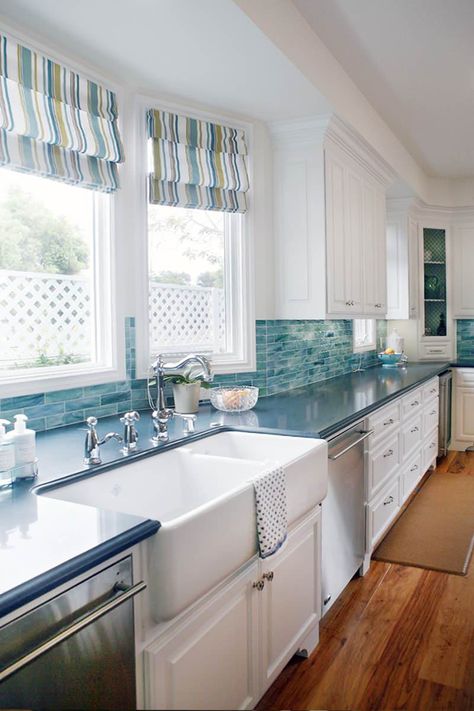 Cape Cod - Traditional - Kitchen - Los Angeles - by Noelle Interiors | Houzz Blue Backsplash Kitchen, White Farmhouse Sink, Turquoise Kitchen, Beach House Kitchens, Farmhouse Sink Kitchen, Coastal Kitchen, Beach House Interior, Gorgeous Kitchens, Beautiful Kitchen