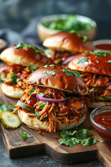 Pulled pork sandwiches with pickles, red onions, cilantro, and barbecue sauce on a wooden board. Bbq Sauce Dinner Ideas, Barbecue Pulled Chicken, Bbq Chicken Recipe, Bbq Pulled Chicken, Pulled Chicken Recipe, Bbq Pulled Chicken Recipes, Crockpot Pulled Chicken, Chicken Breast Oven Recipes, Pulled Chicken Recipes