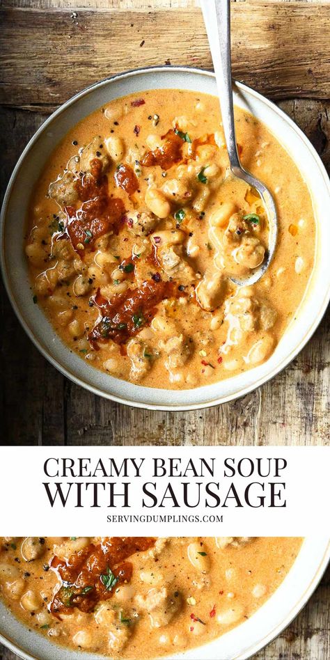 Creamy Bean Soup with Sausage - Serving Dumplings Recipes For Cold Days, Creamy Bean Soup, Bean Soup With Sausage, Serving Dumplings, Soup With Sausage, Red Pesto, Seafood Soup, Comfort Food Recipes, Savory Soups