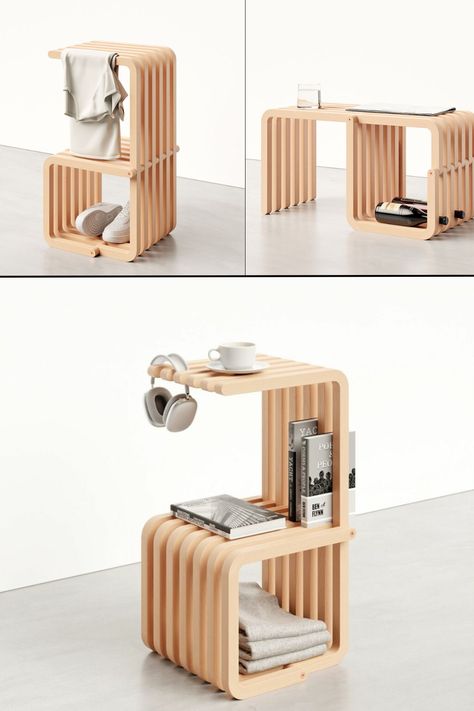 Proust Side Table Lets You Hang Clothes, Store Books and Wine Bottles Multifunctional Furniture Design, Side Table Decor Living Room, Minimalist Wood Furniture, Projek Kayu, Unique Furniture Design, Furniture Design Inspiration, Desain Furnitur Modern, Cnc Furniture, Side Table Decor