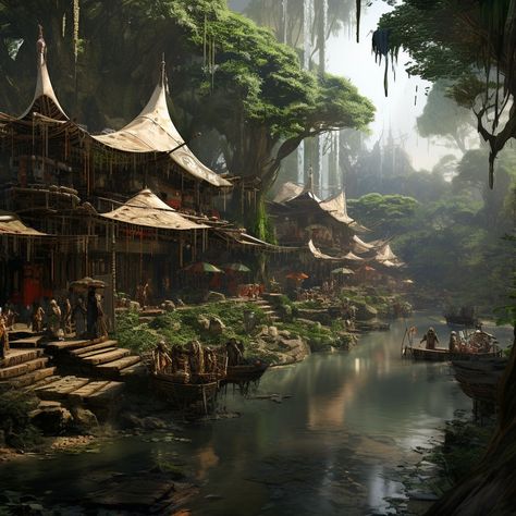 Forest Tribe Village, Jungle Village Art, Fantasy Tribe Village, Jungle Civilization Concept Art, Jungle Village Concept Art, Sci Fi Village, Rainforest Tribes, Jungle City, Village Games