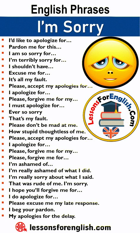 English Phrases – I’m Sorry, Ways to I’m sorry; I’d like to apologize for… Pardon me for this… I am so sorry for… I’m terribly sorry for… I shouldn’t have… Excuse me for… It’s all my fault. Please, accept my apologies for… I apologize for… Please, forgive me for my… I must apologize for… Ever so sorry That’s my fault. Please don’t be mad at me. How stupid thoughtless of me. Please, accept my apologies for… I apologize for… Please, forgive me for my… Please, forgive me for… I’m ashamed of… ... How To Be Good At English, Ways To Apologize, English Improvement, Schul Survival Kits, Teaching English Grammar, English Learning Spoken, Essay Writing Skills, Conversational English, English Vocab