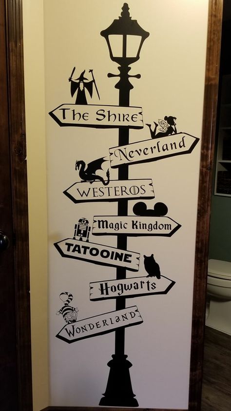 Diy Fantasy Decor Wall Art, Wall Painting For Classroom, Harry Potter Wall Design, Road Sign Tattoo Ideas, Wall Drawing Ideas For School, Road Sign Wall Decor, Fantasy Wall Decor, Easy Wall Drawings Bedroom, Drawings On The Wall Ideas Bedrooms