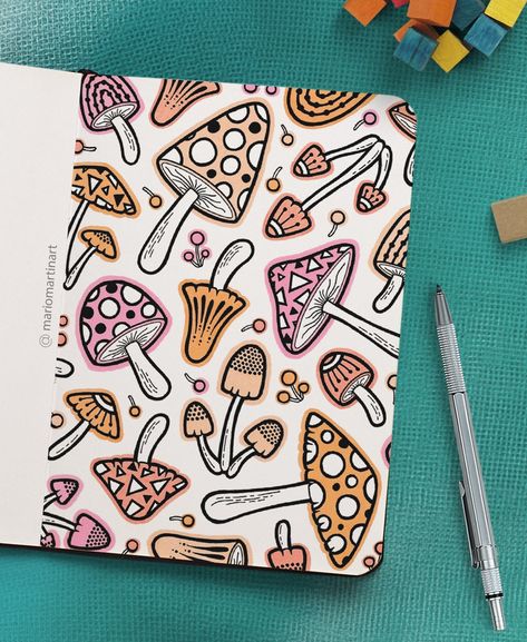 How to draw zentangle inspired pattern art for beginners step by step and easy doodle tutorials and inspiration on my Patreon | #doodleart #zendoodle #zentangle #patternart #artjournal #sketchbook Mushrooms Pattern, Doodle Art For Beginners, Zentangle Doodle, Zen Doodle Art, Posca Art, Geometric Design Art, Doodle Art Drawing, Sketchbook Art Journal, Zentangle Drawings