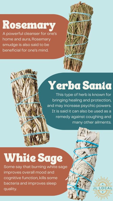 #jllocal #sage #smudge #smudging #spirituality #sagesmudge #sageburning #guide #natural #nature #holistic #metaphysical #motivation #crystals #gemstones #abalone #flowers #Rosemary #YerbaSanta Different Types Of Sage, Types Of Sage, Smudge Bundles, Herb Gifts, Smudging Feathers, Yerba Santa, Types Of Herbs, Sage Smudge, Psychic Powers