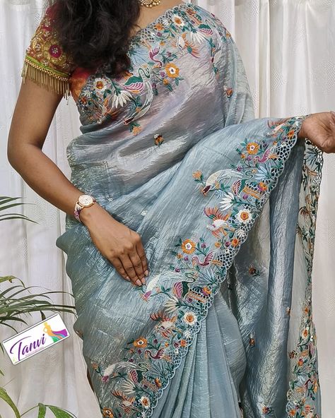 🥳🥳💓💓 *Trending Crush Tissue designer cut-work Sarees...* ❣️ All-over nice embroidery floral butties... 👏👏 *Beautiful cutwork along wt. rich cranes 🦢 🦢 🦆 embroidery design borders added beauty to the saree...*👌👌😍 ❣️ *Matching floral design blouse ..* ❣️ *PRICE 2850+ 🚡* 🌷🌷 *Book fast* 🌷🌷 Cutwork Saree Designs, Cutwork Saree, Work Sarees, Floral Border, Cut Work, Floral Embroidery, Blouse Designs, Silk Sarees, Embroidery Designs