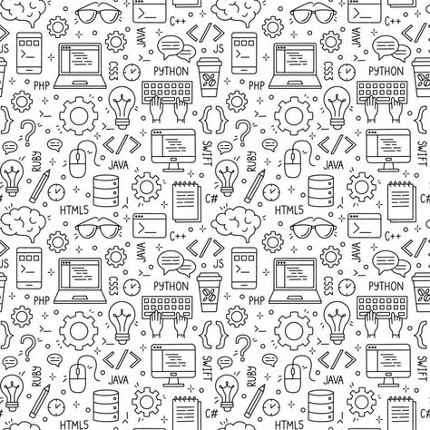 Programming and developers vector seamless pattern. Internet and coding black linear print with computer languages Computer Coding Images, Coding Background Wallpaper, Programming Doodle, Computer Design Background, Computer Programming Wallpaper, Programming Logo Design, Computer Illustration Design, Developer Illustration, Computer Science Background