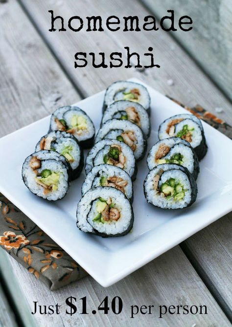 Delicious, homemade sushi with teriyaki chicken, AVOCADO, and asparagus for just $1.40 per person? Believe it! Click through for recipe. Sushi Rolls At Home, Resep Sushi, Homemade Sushi Rolls, Chicken Sushi, California Rolls, Sushi Recipe, Sushi At Home, Homemade Sushi, Sushi Roll