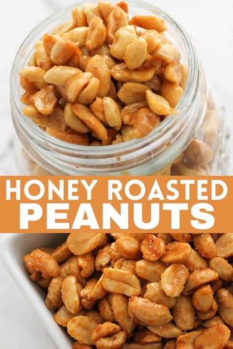 Honey Roasted Peanuts are so easy to make fresh at home either in the oven or the air fryer.  All you need are a few simple ingredients to make roasted peanuts that are the perfect mix of sweet and salty.  These make a great snack or a homemade gift during the holidays. Honey Roasted Peanuts, Gluten Free Peanut Butter, Peanut Recipes, Nut Recipes, Roasted Nuts, Honey Roasted, Honey Recipes, Roasted Peanuts, Sweet And Savory