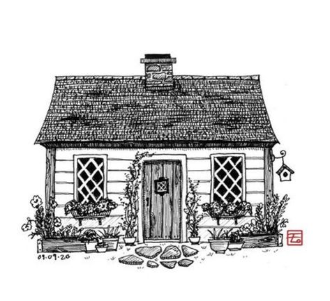 House With Porch Drawing, Cottage Pencil Drawing, Small House Sketch, House Doodles Simple, House Pen Drawing, Cottage Drawing Simple, Old House Sketch, Cottage House Drawing, Old House Drawing