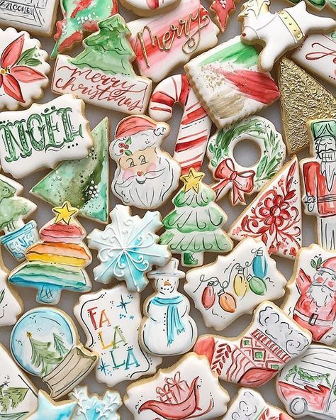 painted Christmas cookie Painted Sugar Cookies, Decorated Christmas Cookies, Watercolor Cookies, Painted Cookies, Hand Painted Cookies, Cute Christmas Cookies, Cookies Sugar, Paint Cookies, Winter Cookie