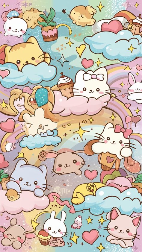 Transform your iPhone screen with this adorable and enchanting wallpaper inspired by kawaii style. Featuring a pastel-colored background adorned with smiling cartoon kittens, bunnies, and delightful little stars, this design brings a whimsical and joyful atmosphere to your device. Fluffy clouds float by, while twinkling hearts and sparkling rainbows add to the magic. Charming details like bows, cupcakes, and tiny plants complete the vibrant and cheerful aesthetic, making it the perfect choice to brighten up any smartphone screen with happiness and playfulness. Cartoon Kittens, Cheerful Aesthetic, Enchanting Wallpaper, Wallpaper Fofo, Pastel Iphone Wallpaper, Fluffy Clouds, Tiny Plants, Kawaii Style, Colored Background