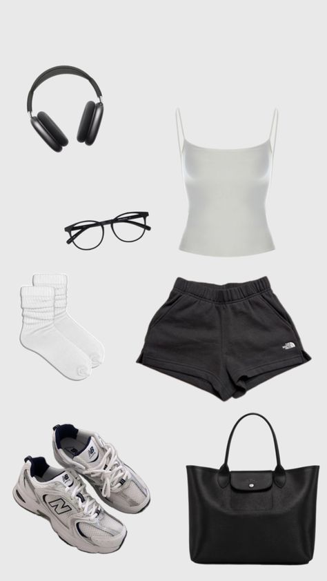 Longchamp, apple headphones, black glasses, new balance shoes Black Sports Shorts Outfit, School Outfit With Shorts, Spandex Shorts Outfit Casual, Summer Outfits Aesthetic Shorts, Outfit Ideas For School Shorts, Summer School Outfits Shorts, School Outfits Shorts, Summer Gym Outfit, Black Summer Outfits