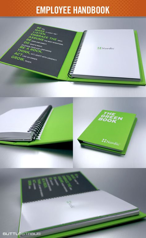 Nordic does employee onboarding right with The Green Book. The hard case's inside cover reminds team members of the company values with each use. The sprial-bound lined notebook inserts are replaceable so it can be used for a lifetime. See more employee onboarding ideas here. Corporate Notebook Design, Corporate Notebooks, The Green Book, Diary Cover Design, Notebook Mockup, Agenda Book, Promo Flyer, Branded Notebooks, Employee Onboarding