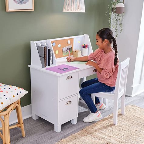 Kids Wooden Desk, White Kids Desk, Homework Table, Wooden Study Desk, Pin Pictures, Desk With Chair, Wooden Desk Chairs, Kids Study Desk, Kids Study Table