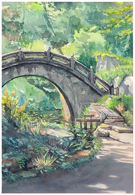 Mateusz Urbanowicz, Korakuen Garden, Bridge Background, Moon Bridge, Canvas Painting Ideas, Air Painting, Ghibli Art, Arte Inspo, Plein Air Paintings