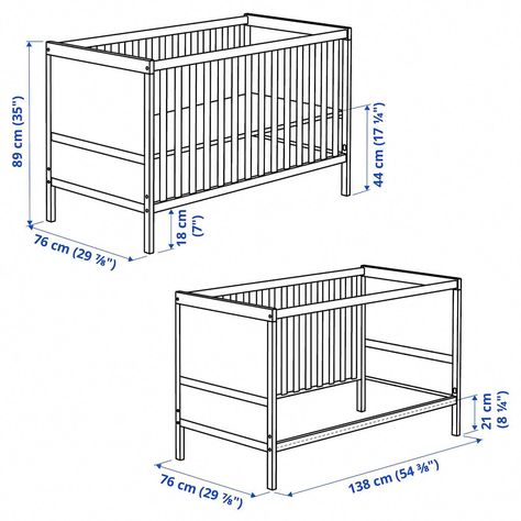 SUNDVIK crib, gray, 70x132 cm (271/2x52") Your baby can sleep for a long time in this crib. With a timeless style, durable materials and details made with care, you can also lower the bottom and remove one of the long sides as the child grows. The bed base can be placed at two different heights. Sundvik Crib, Ikea Sundvik, Ikea Mattress, Ikea Baby, Bed Base Frame, Baby Crib Sets, Baby Furniture Sets, Spindle Bed, Baby Changing Tables