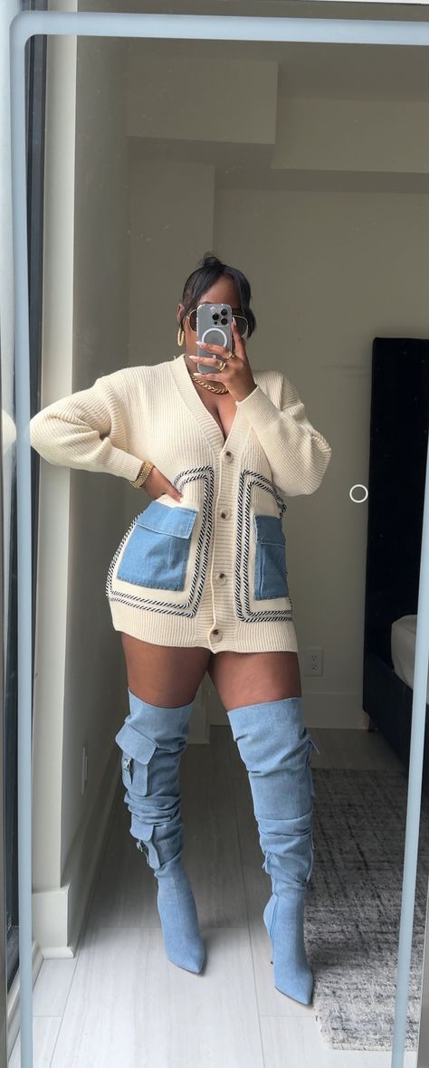 Check out this photo from jackytsh__ Blue Jean Thigh High Boots Outfit, Jean Thigh High Boots Outfit, Sweater Shorts And Boots Outfit, Denim Boots Outfit Knee Highs, Baddie Denim Outfits, Blue Jean Boots Outfit, Denim Shoes Outfit Fashion Ideas, Miami In October Outfits, Outfit With Fur Boots