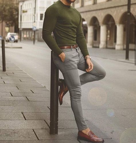 25 Best January Outfits for Men 2019 - New Ideas Gray And Green Mens Outfit, Gray Dress Pants Men, Semi Formal Men Outfit Grey Pants, Olive Sweater Outfit, Olive Green Sweater Outfit, Olive Green Shirt Outfit, Green Sweater Outfit, Grey Pants Outfit, Grey Pants Men