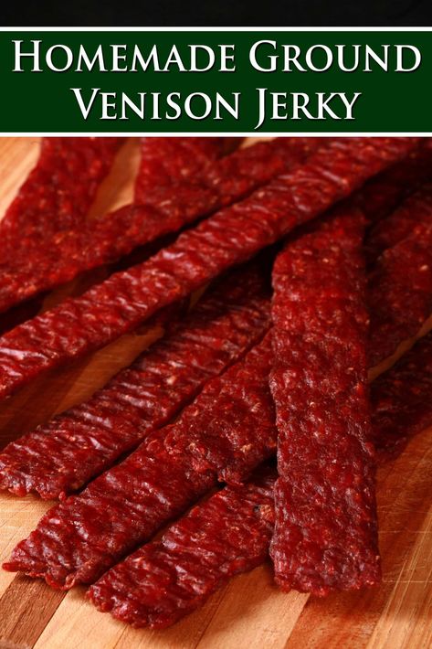 Ground Venison Jerky [Deer Jerky Recipe] Ground Elk Jerky Recipe, Venison Beef Jerky Recipes, Ground Jerky Recipes Venison, Ground Venison Jerky Recipe Dehydrator, Ground Deer Crockpot Recipes, Smoked Ground Venison Jerky Recipe, Venison Burger Jerky Recipes, Air Fryer Venison Jerky, Deer Jerkey Recipes Dehydrator