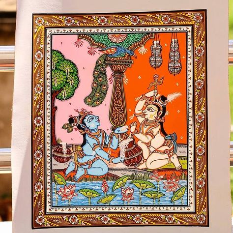 Pattachitra Painting of krishna and Balaram enjoying the makhana ( butter ) sitting besides a lake under the sun 🌞 Along with home decor … | Instagram Krishna Pattachitra Paintings, Patachithra Painting, Pattachitra Paintings Design, Pattachitra Paintings Odisha, Odisha Pattachitra, Patachitra Art, Painting Of Krishna, Pattachitra Paintings, Radhe Govinda