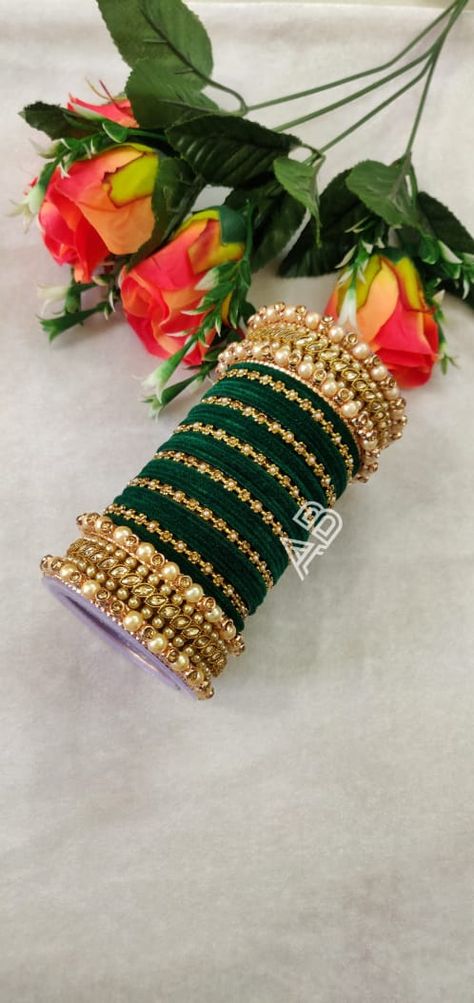 Bangles For Bangle Ceremony, Green Chudi Set, Green Bangles Set For Bride, Green Bangles Maharashtrian, Bangles Set For Bride, Green Bangles Set, Velvet Bangles Set, Green Lengha, Indian Bangles Set