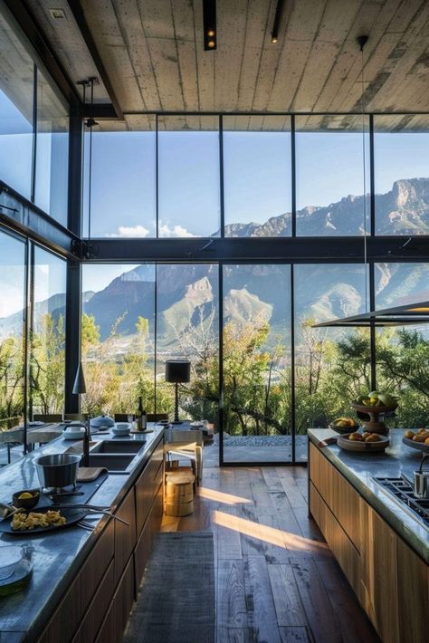 Floor To Ceiling Kitchen Window, Mountain View Kitchen, Mountain House Plans Big Windows, Home With Windows, Mountains House Interior, House Glass Design, Glass House Kitchen, Mountain Home Kitchens, Glass House Interior