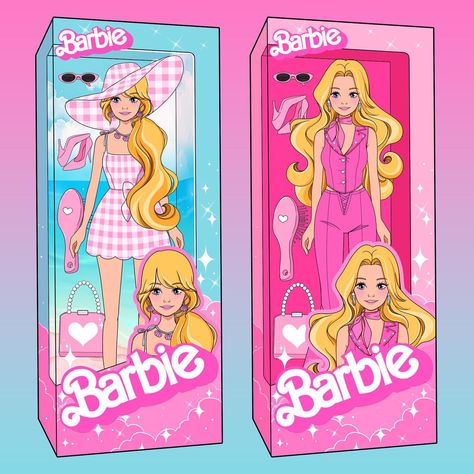 Hi Barbie! 🩷🩵 What was your favorite Barbie design growing up? These Barbie box designs are by @mermaidmichelle I can't wait to make some… | Instagram Barbie Box Drawing, Barbie Doll Illustration, Doll Box Design, Barbie Artwork, Barbie Doll Box, Kawaii Barbie, Barbie Illustration, Barbie Design, Barbie Instagram