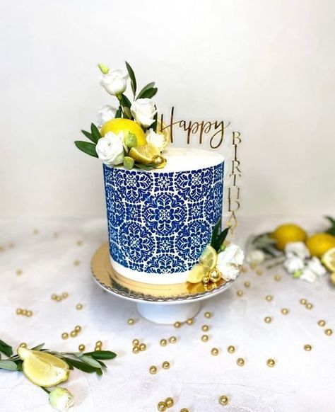 Caking It Up on Instagram: "@siassesach taking us to the Greek Isles with gorgeous cake created using Scarlet 💙🍋 . Shop SCARLET stencil and more at www.cakingitup.com.au/shop . #cakedecoratingtools #stencilled #cake #texture #stencilart #stencil #cakingitupstencildesigns #stencilledcake #cakedesign #cakingitupstencils #cakestencil #cakedecorating #caketools #cakes #howtocake #celebration #cakingitup #prettycake #scarletstencil #greekisles #summervibes" Greek Theme Cake, Greek Cake Design, Stencilled Cake, Cake Texture, Greek Cake, Greek Isles, Cake Stencil, Caking It Up, Gorgeous Cakes