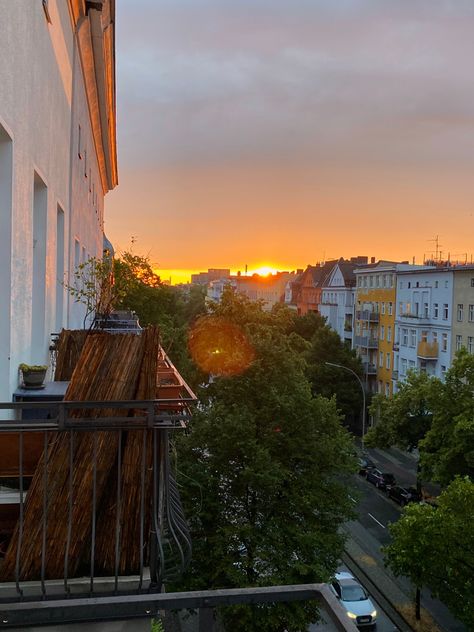 Balcony view of the sunset in Berlin Balcony View City, Balcony View, Travel Time, Insta Stories, The Sunset, Time Travel, Cityscape, Balcony, Vision Board