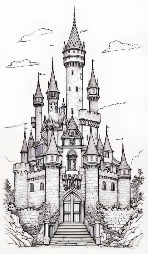 Architecture Simple Drawing, Castle Sketch Simple, Castle Drawing Sketches, Castle Pencil Drawing, Goodnotes Book Journal, Hogwarts Castle Drawing, Castle Drawing Easy, Rapid Art, Disney Castle Drawing