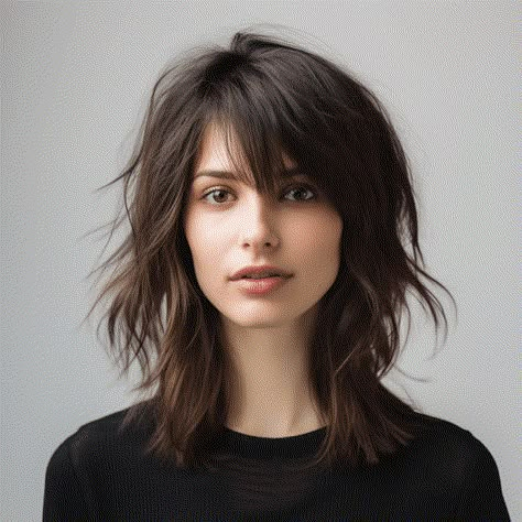 Shag Hairstyles Over 40 Shaggy Haircuts, Medium Shag Haircuts Side Part, Side Part Shag Haircut Medium, Short A Line Bob With Bangs, Shag Haircut Side Part, Fox Cut Hairstyle, Shag Haircut Straight, Shag With Short Bangs, Brown Shag Haircut