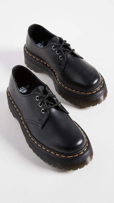 Find DR. MARTENS 1461 Quad Lace Up Loafers M 8/ W on Editorialist. Leather: Cowhide. Polished finish. Gunmetal-tone grommets. Contrast welt stitching. Platform profile. Lace-up closure. Rounded toe. Non-slip PVC AirWair sole. Imported, China. This item cannot be gift-boxed. Measurements: Heel: 2.25in / 55mm Platform: 1.75in / 45mm Doc Martin Loafers, Doc Martens Loafers, Dr Martens 1461 Quad, Dr Martens Loafers, Lace Up Loafers, Fab Shoes, Doc Marten Oxford, Doc Martens, Lace Up Shoes