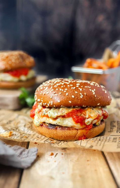 Chicken Parm Burgers Chicken Parm Burgers, Mozzarella Marinara, Chicken Parm Burger, Chicken Burger Patties, Chicken Parm Meatballs, Pesto Mayo, Ground Chicken Burgers, Chicken Patty, Smash Burgers