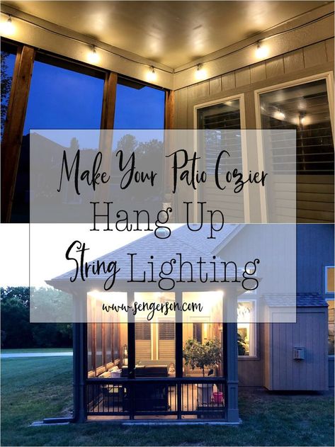 Considerations when hanging stright lighting outside as an extension to your living space installing patio lights! Hanging Edison Lights, Porch String Lights, Deck String Lights, Hanging Patio Lights, Diy Patio Cover, Outdoor String Lights Patio, Diy String Lights, Hanging String Lights, Patio Steps