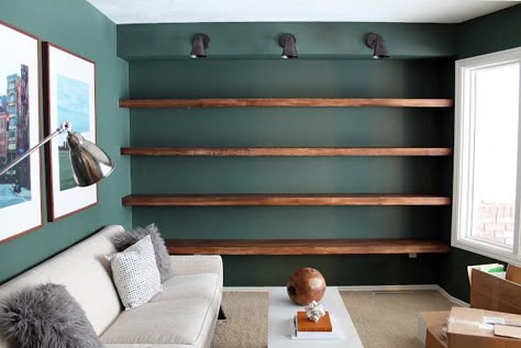 DIY Solid Wood Wall-to-Wall Shelves | Chris Loves Julia-tutorial for large floating shelves Floating Shelves Living Room, Decor Ikea, Regal Design, Solid Wood Shelves, Floating Shelves Diy, Room Shelves, Estantes Flotantes, Remodel Bedroom, Shelf Design