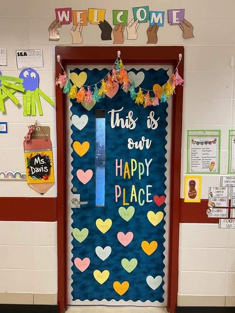 Decorate Kindergarten Classroom, 4th Grade Classroom Door Ideas, This Is Our Happy Place Classroom Door, 1st Grade Classroom Door Ideas, Classroom Door Decorations Welcome, Preschool Welcome Door, Welcome Classroom Door Ideas, Preschool Door Decorations, Kindergarten Door