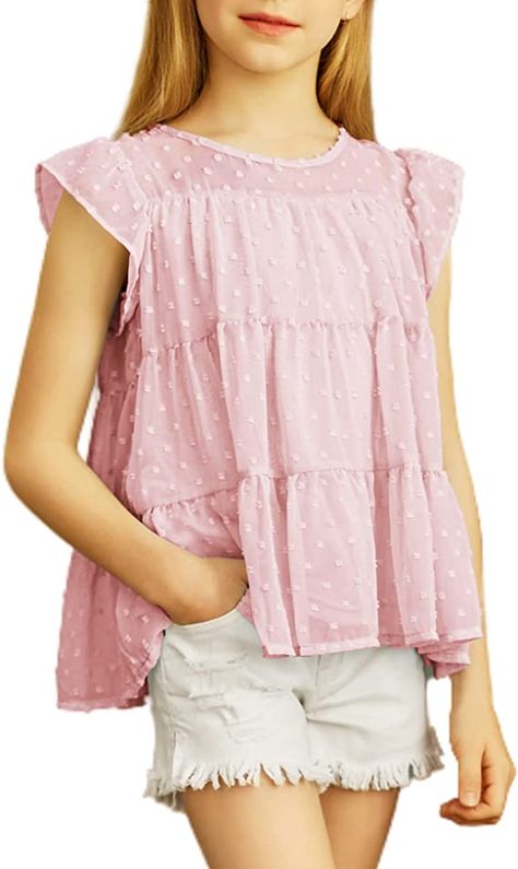 Spring Cotton Tops For Play, Pink Cotton Tops For Play, Spring Kawaii Cotton Tops, Spring Cotton Ruffle Tank Top, Summer Cotton Ruffled T-shirt, Girls Tunic Tops, Chiffon Shirts, Girls Ruffle Shorts, Summer Tee Shirts