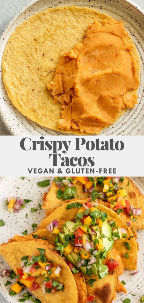 These Crispy Potato Tacos (Tacos Dorados de Papas) are satisfying, gluten-free and easy to make vegan. Stuffed with spiced mashed potatoes and cooked until golden and crispy. Vegetarian Potato Tacos, Vegan Potato Tacos, Crispy Potato Tacos, Vegan Tacos Recipes, Easy Taco Recipes, Tacos Dorados, Sweet Potato Tacos, Vegetarian Mexican, Potato Tacos