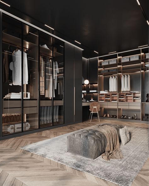 Black - Masterbedoom on Behance Rich Bedroom Aesthetic, Modern Closet Designs, Walking Closet, Dream Closet Design, Walk In Closet Design, Luxury Closets Design, Modern Closet, Closet Decor, Bedroom Closet Design