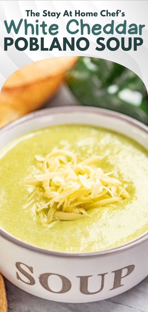 A close up view of a bowl of White Cheddar Poblano Soup topped with shredded white cheddar cheese. Poblano Cheddar Soup, Cheddar Poblano Soup, Keto Poblano Soup, Poblano Potato Soup, Cheesy Poblano Soup, Roasted Poblano Pepper Soup, White Cheddar Poblano Soup, Recipes With Poblanos, Poblano Cheese Soup