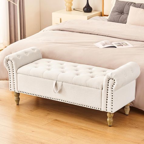 PRICES MAY VARY. [52” Long Bed Bench Perfect for Queen Size Bed] -The key to bed foot bench with storage is the length. If you have a queen bed make sure that your bench is at least 45″ long. The footboard bench is great for resting, offers extra seating, boosts your style, provides a safe place to stash things and creates an anchor in your room. [Large Storage Space] -Our bedroom bench is incredibly sturdy with a weight capacity of 300lbs, and the hinged lid offers easy access to a spacious 37” Foot Bed Bench, Ottoman Storage Bench Master Bedrooms, Bed Footer Bench, Storage Bed Bench, Foot Of Bed Seating, Bed Chest Benches, Seat At End Of Bed, Christmas Decor Room Bedrooms, Bench Seating Bedroom