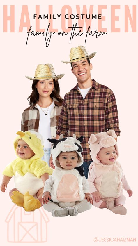 Farmer and animal family Halloween costume for babies and toddlers! Simple and cute! Halloween Farmer Costume, Farm Family Costume, Family Farm Halloween Costumes, Diy Farmer Costume, Farm Animals Halloween Costumes, Farmer Halloween Costume, Farmer Halloween, Farm Animal Costumes, Farmer Costume