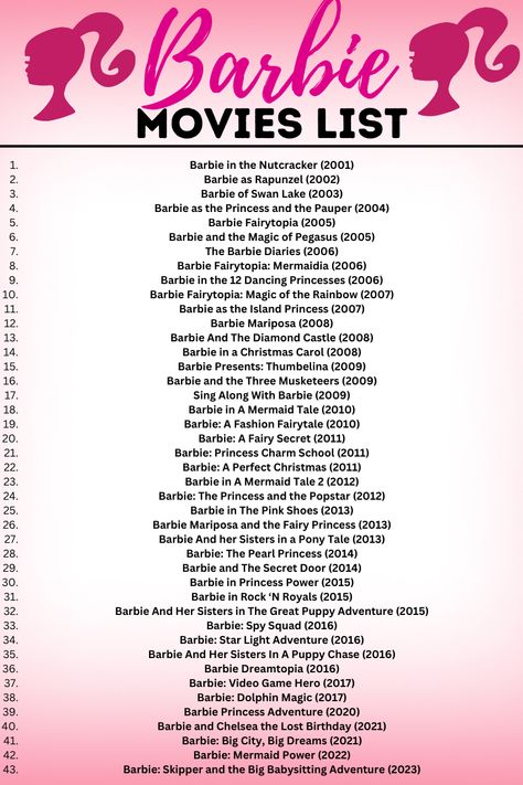 Barbie Movie List In Order, All Barbie Movies In Order, Barbie Movies To Watch, Every Barbie Movie List, Barbie Movie Challenge, Barbie Items From Movies, Barbie Movies List In Order, Barbie Watch List, Where To Watch Barbie For Free