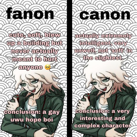 Nagito Komaeda Headcanon, Fanon Vs Canon Danganronpa, Nagito X Y/n, Nagito Headcanons, Canon Vs Fanon, Danganronpa Nagito, Danganronpa Funny, Bff Drawings, Danganronpa Memes