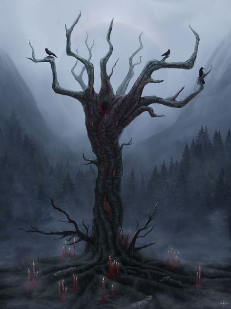 Haunted Tree, Weird Trees, Cold As Ice, Fantasy Tree, Giant Tree, Tree Artwork, Black Tree, Fantasy Places, Spooky Scary