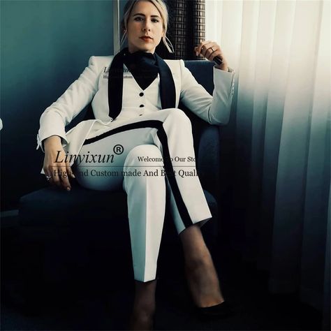 74.34US $ 38% OFF|Black Peaked Lapel White Women Suits Smoking Business Lady 3 Pieces Set Jacket Pants Vest Mother Of Bride Blazer Брючные Костюмы - Pant Suits - AliExpress Bride Blazer, Womens 3 Piece Suit, Wedding Pants, Business Lady, Black And White Suit, Tuxedo Women, Women Suits, White Tuxedo, Womens Dress Suits