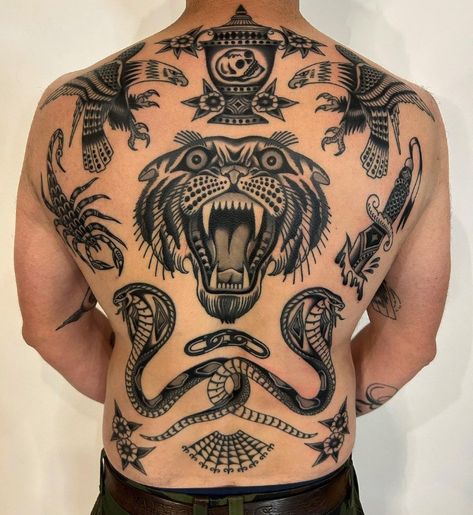 Tattoo Bodysuit Men, American Traditional Back Tattoo Men, Traditional Tattoo Art Japanese, Backtattoos Back For Men, Trad Backpiece Tattoo, Trad Back Piece, Traditional Chest Tattoo Men, Bold Chest Tattoo, Trad Back Tattoo