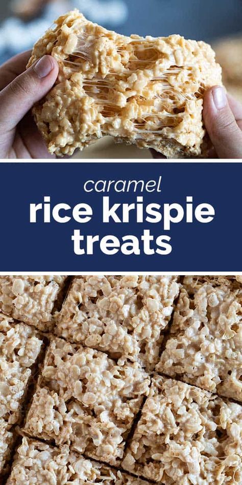 Soft, gooey, and so, so good - these Caramel Rice Krispie Treats are a step up from using just marshmallows. A deeper flavor, softer, with the perfect marshmallow pull, this recipe will be a crowd pleaser! Caramel Rice Krispies, Caramel Rice Krispie Treats, Vegan Rice Crispy Treats, Chocolate Rice Crispy Treats, Crispy Treats Recipe, Rice Krispie Bars, Rice Crispy Treats Recipe, Rice Cereal Treats, Best Rice