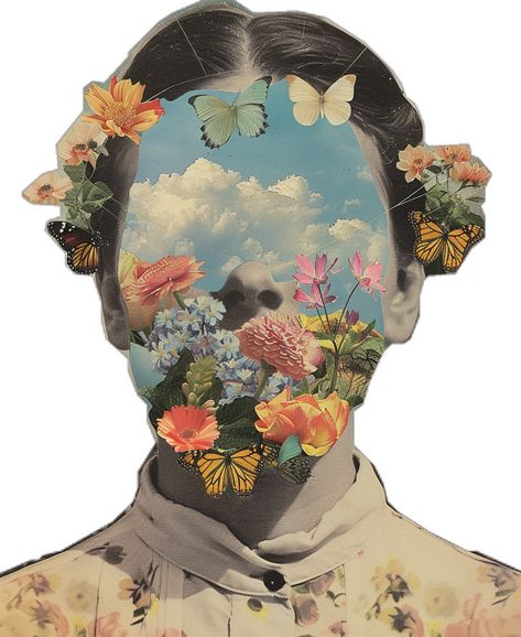 #SurrealCollageArt #Woman #BlueSky #Butterflies #Flowers #VintageCut-and-paste #PhotoMontage #Surrealist #19:26AspectRatio #TheCandie Digital Self Portrait Collage, Photomontage Collage, Surrealism Collage, Surrealist Collage, Surreal Collage Art, Face Collage, Inspirational Digital Art, Collage Portrait, Nate Diaz